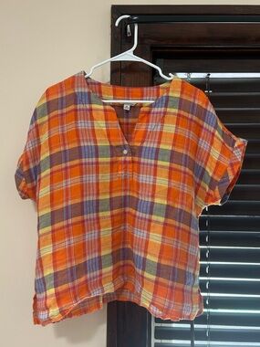 Vintage Orange Plaid Short Sleeve Button-Neck Top
